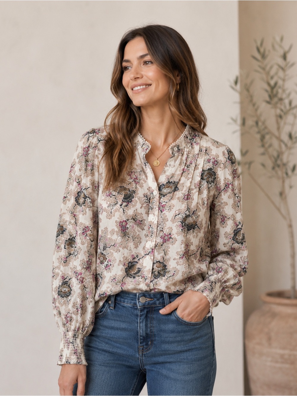 TALBOTS Floral 100% Cotton Peasant Blouse XS | Smocked Cuffs Boho Cottagecore